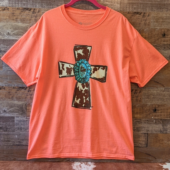 Girlie Girl Originals Coral W/Animal Print Screen print Cross Tee - Picture 3 of 12